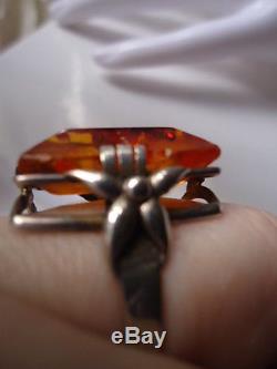HUGE Antique Nouveau Floral Setting Untreated natural Baltic Amber Silver Ring