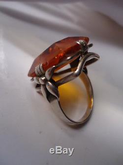 HUGE Antique Nouveau Floral Setting Untreated natural Baltic Amber Silver Ring