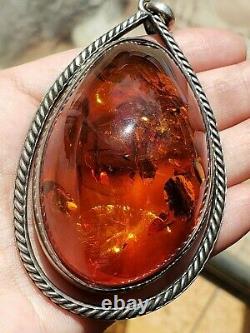 HUGE Natural Honey Baltic Amber Pendant Sterling Silver