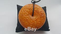 Huge antique real natural baltic amber carved donut pendant eggyolk Hupo