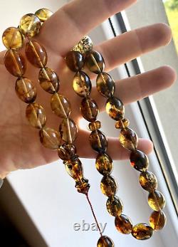 INCLUSION INSECT Natural Baltic Amber Islamic Prayer Rosary 72g. Olive 33 Beads