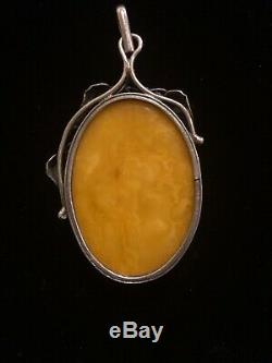 Large Vintage Natural Butterscotch Baltic Amber Egg Yolk Sterling Silver Pendant