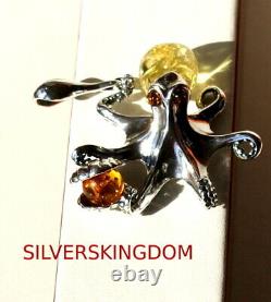 Lemon and Cognac Baltic Amber Octopus Pendant with Silver 925