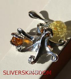 Lemon and Cognac Baltic Amber Octopus Pendant with Silver 925