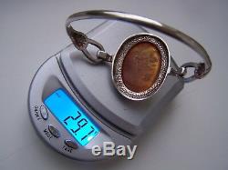 Magnificent Vintage Solid Sterling Silver Baltic Honey Amber Bangle Bracelet 8