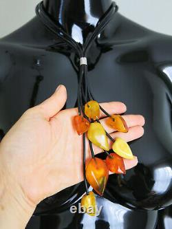 Medern Genuine Baltic Amber & Leather Cord Sterling Silver 925 Polish Necklace
