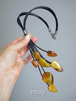Medern Genuine Baltic Amber & Leather Cord Sterling Silver 925 Polish Necklace