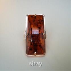 NEW Russian Russia USSR 14K 585 Rose Pink Gold Baltic Honey Amber Cocktail RING