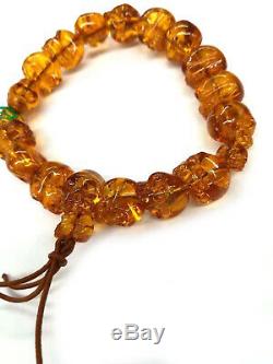 Natural Amber Skull Beads Bracelet Japan Juzu Rare Jewelry Handmade Mens Gift