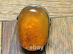 Natural Antique Applejuice Baltic Amber Silver Ring Sz 8 3/4 Huge