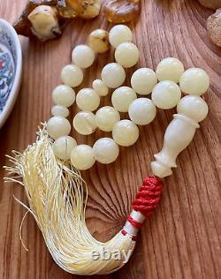 Natural Baltic Amber 37g. Milky White Islamic Prayer Rosary 14mm 21 Beads Tesbih