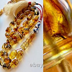 Natural Baltic Amber 57g. INCLUSION INSECT Islamic Prayer Rosary Barrel 33 Beads