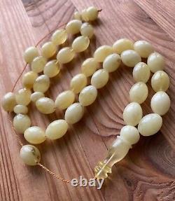 Natural Baltic Amber 65g. Islamic Prayer Rosary White Olive 33 Beads Tesbih