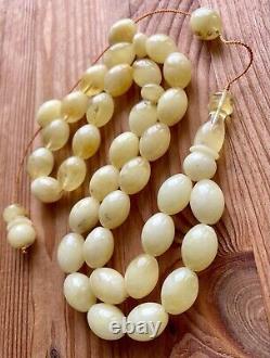 Natural Baltic Amber 65g. Islamic Prayer Rosary White Olive 33 Beads Tesbih