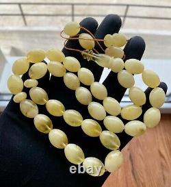 Natural Baltic Amber 65g. Islamic Prayer Rosary White Olive 33 Beads Tesbih