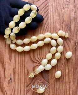 Natural Baltic Amber 65g. Islamic Prayer Rosary White Olive 33 Beads Tesbih