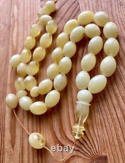 Natural Baltic Amber 65g. Islamic Prayer Rosary White Olive 33 Beads Tesbih