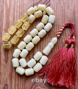 Natural Baltic Amber 79g. Islamic Prayer Rosary White Barrel 33 Beads Tesbih