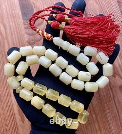 Natural Baltic Amber 79g. Islamic Prayer Rosary White Barrel 33 Beads Tesbih