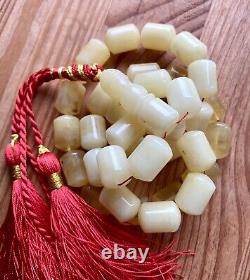 Natural Baltic Amber 79g. Islamic Prayer Rosary White Barrel 33 Beads Tesbih