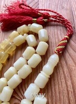 Natural Baltic Amber 79g. Islamic Prayer Rosary White Barrel 33 Beads Tesbih