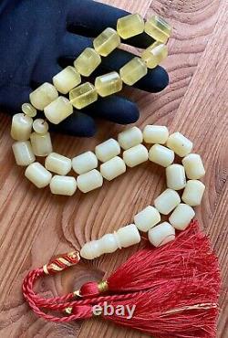 Natural Baltic Amber 79g. Islamic Prayer Rosary White Barrel 33 Beads Tesbih