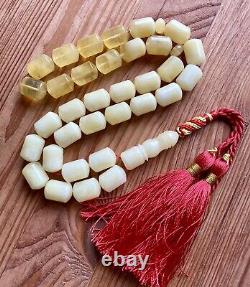 Natural Baltic Amber 79g. Islamic Prayer Rosary White Barrel 33 Beads Tesbih