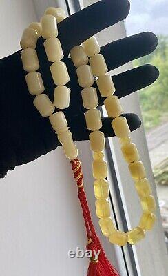 Natural Baltic Amber 79g. Islamic Prayer Rosary White Barrel 33 Beads Tesbih