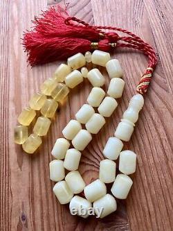 Natural Baltic Amber 79g. Islamic Prayer Rosary White Barrel 33 Beads Tesbih