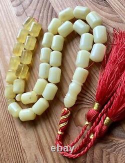 Natural Baltic Amber 79g. Islamic Prayer Rosary White Barrel 33 Beads Tesbih