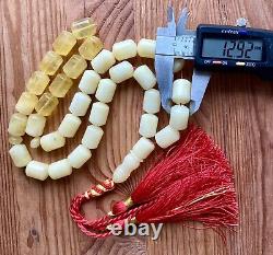 Natural Baltic Amber 79g. Islamic Prayer Rosary White Barrel 33 Beads Tesbih