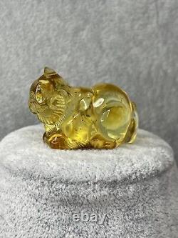 Natural Baltic Amber Cat Sculpture. Hand Carved COGNAC Amber Stone Cat Figurine
