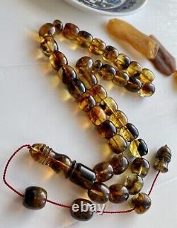 Natural Baltic Amber Islamic Prayer Rosary 43g. Barrel 33 Beads INCLUSION INSECT