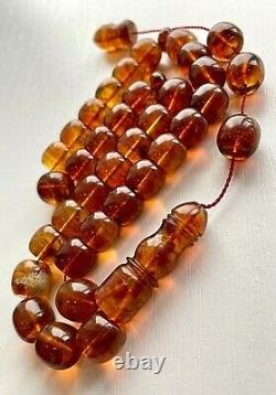 Natural Baltic Amber Islamic Prayer Rosary 55g. Barrel Cognac Color Beads Tesbih