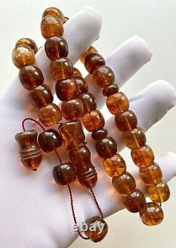 Natural Baltic Amber Islamic Prayer Rosary 55g. Barrel Cognac Color Beads Tesbih