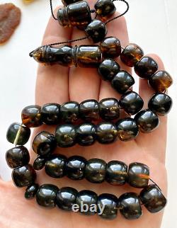 Natural Baltic Amber Islamic Prayer Rosary 61g Big Barrel 33Beads Tesbih Misbaha
