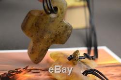 Natural Baltic Amber Necklace Cross Shape Grey Pendant Leather String Genuine