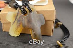 Natural Baltic Amber Necklace Cross Shape Grey Pendant Leather String Genuine