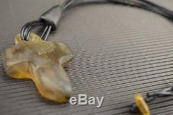 Natural Baltic Amber Necklace Cross Shape Grey Pendant Leather String Genuine pu