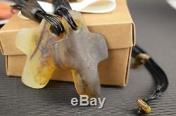 Natural Baltic Amber Necklace Cross Shape Grey Pendant Leather String Genuine pu