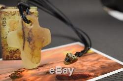 Natural Baltic Amber Necklace Cross Shape Grey Pendant Leather String Grey Pure