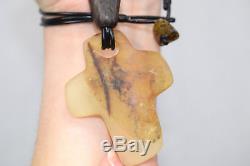 Natural Baltic Amber Necklace Cross Shape Grey Pendant Leather String Grey Pure