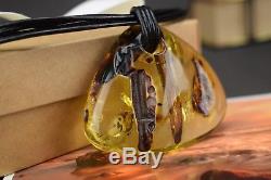 Natural Baltic Amber Necklace Pendant Yellow Brown Polished Oval Leather String
