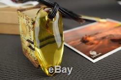 Natural Baltic Amber Necklace Pendant Yellow Polished Oval Leather String 19.7in