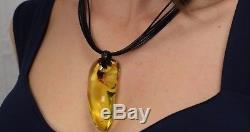 Natural Baltic Amber Necklace Pendant Yellow Polished Oval Leather String 19.7in