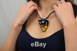Natural Baltic Amber Necklace Pure Genuine Pendant Black Yellow Triangle Linen