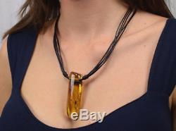Natural Baltic Amber Pendant Necklace Oval Yellow Pendant Leather String Pure