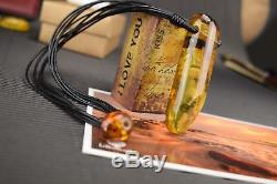 Natural Baltic Amber Pendant Necklace Oval Yellow Pendant Leather String Pure