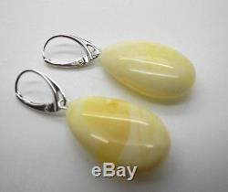 Natural Baltic white color drop shape amber earrings with sterling silver 925