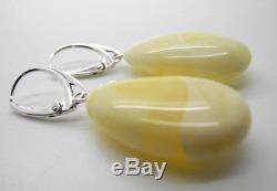 Natural Baltic white color drop shape amber earrings with sterling silver 925